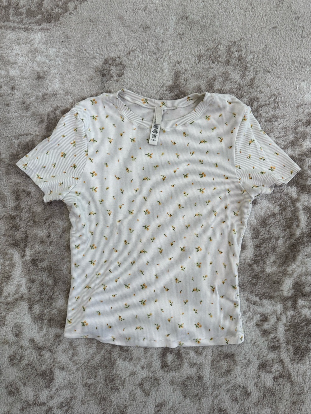 Skims White Ribbed Floral Tee with Yellow Flower Print